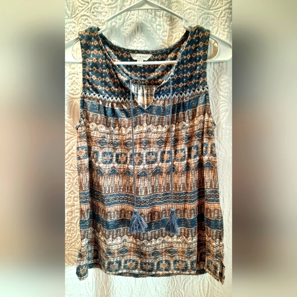 Lucky Brand Womans Blouse XS Brown Blue Sleeveless Lightweight Boho Hippie - Picture 1 of 10